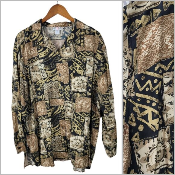 Vintage 100% Silk Top Button Up Plus Size 2X Geometric Art To Wear Snake Print - Picture 1 of 6